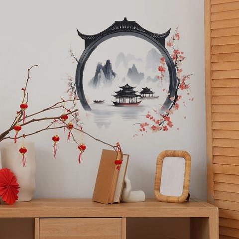 Autocollant Mural Paysage Lavis Chinois Porte Lune Montagnes Bateau Fleur de Prunier Décor PVC Auto-adhésif Maison