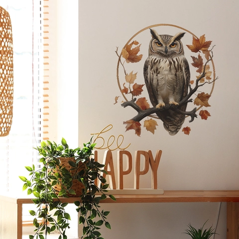 Cartoon Owl Tree Branch PVC Wall Sticker Autumn Maple Leaf Circle Design Self Adhesive Decal For Home Living Room Decor