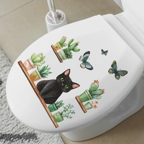 Aquarel Zwarte Kat en Groene Potplanten Toiletsticker PVC Waterdicht Badkamer Decoratie DIY Muurstickers