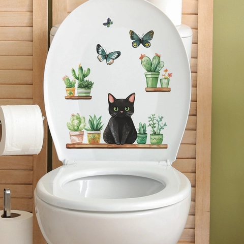 Aquarel Zwarte Kat en Groene Potplanten Toiletsticker PVC Waterdicht Badkamer Decoratie DIY Muurstickers