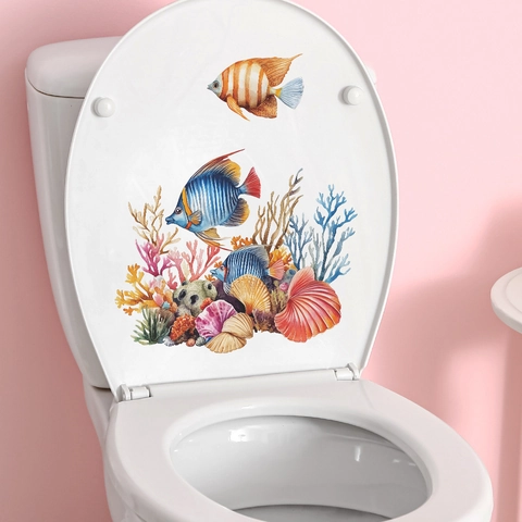 Adesivo per Coperchio WC Mondo Oceanico Sott'acqua Impermeabile PVC Corallo Pesce Conchiglia Decorazione Bagno Adesivo Murale Casa