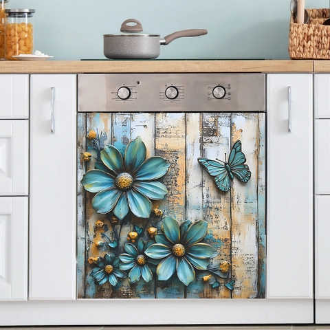 Adesivo da Parete 3D Goffrato Fiori Blu Farfalla Venature del Legno PVC Decalcomania Decorativa per Cucina Lavastoviglie Forno Casa