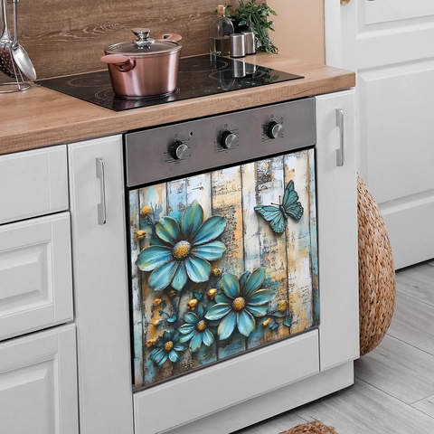 Adesivo da Parete 3D Goffrato Fiori Blu Farfalla Venature del Legno PVC Decalcomania Decorativa per Cucina Lavastoviglie Forno Casa