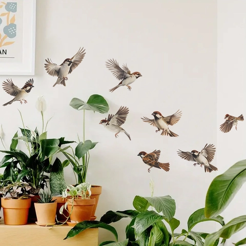 Hand Painted Bird Wall Stickers PVC Realistic Sparrow Wall Decals For Kitchen Dining Room Home Background Decoration
