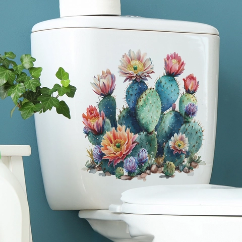 Pegatina para Tapa de Inodoro de Cactus y Flores en Acuarela PVC Impermeable Calcomanía de Pared para Baño