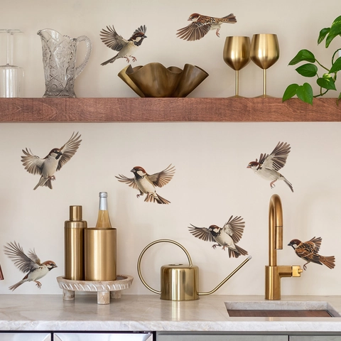 Hand Painted Bird Wall Stickers PVC Realistic Sparrow Wall Decals For Kitchen Dining Room Home Background Decoration