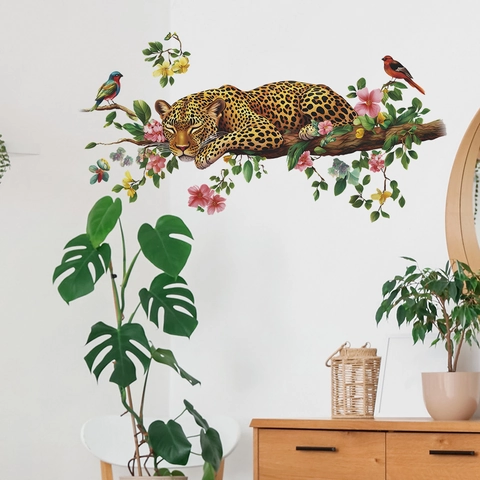 Pegatina de Pared Moderna PVC Leopardo Selva Rama Flores Pájaros Calcomanía Decorativa Impermeable Para Sala Dormitorio