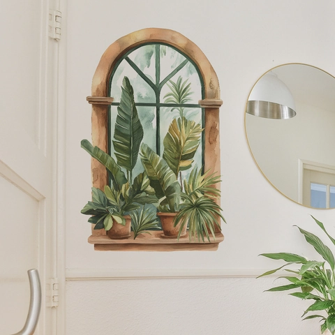 3D Arch Window Green Potted Plants Wall Sticker PVC Waterproof Tropical Leaves Watercolor Decal For Living Room Bedroom Home Decoration