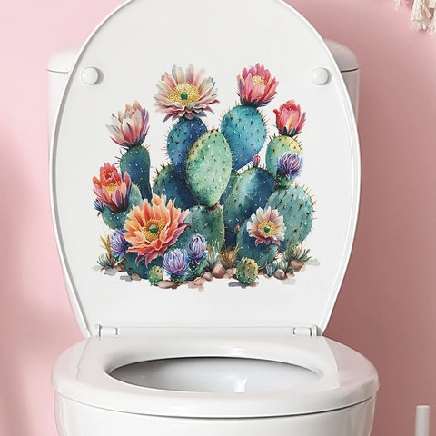 Pegatina para Tapa de Inodoro de Cactus y Flores en Acuarela PVC Impermeable Calcomanía de Pared para Baño
