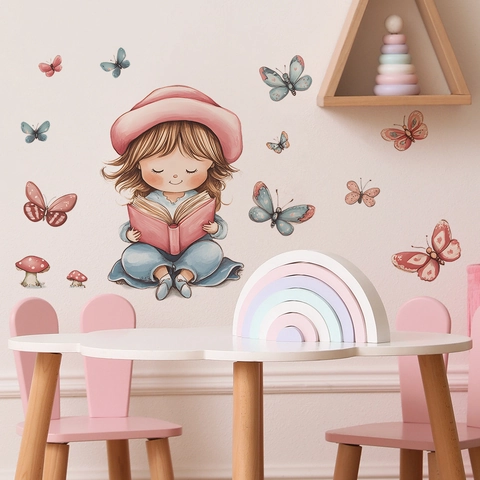 Cartoon Lesendes Mädchen Schmetterling Wandtattoo Für Kinderzimmer Wohnzimmer DIY Vinyl Home Deko Hintergrund Wandsticker