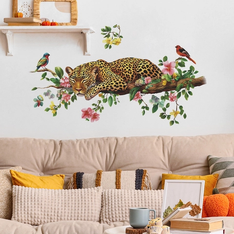 Pegatina de Pared Moderna PVC Leopardo Selva Rama Flores Pájaros Calcomanía Decorativa Impermeable Para Sala Dormitorio