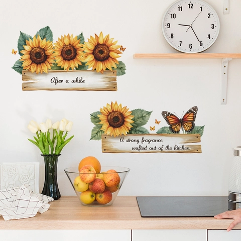 Sunflower Butterfly Wall Sticker With English Quotes PVC Floral Decals For Kitchen Living Room Bedroom Home Decoration