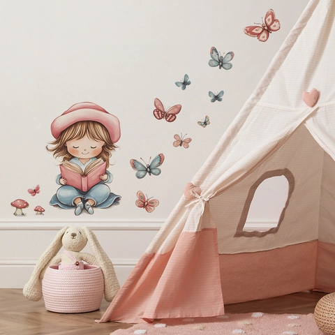 Cartoon Lesendes Mädchen Schmetterling Wandtattoo Für Kinderzimmer Wohnzimmer DIY Vinyl Home Deko Hintergrund Wandsticker