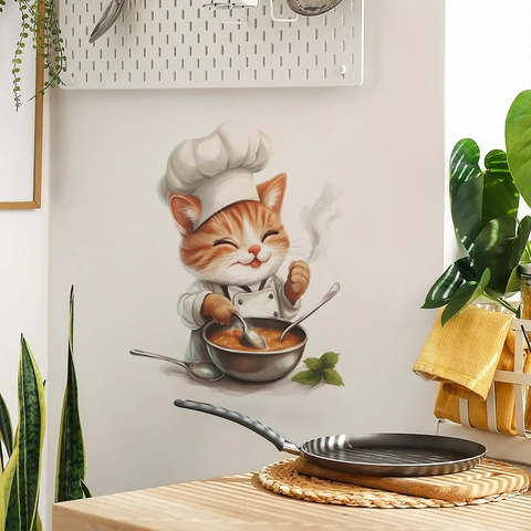 Cartoon Cat Chef Wall Sticker Cute Orange Cat Cooking Design PVC Self Adhesive Kitchen Decal Removable Home Decor For Dining Room