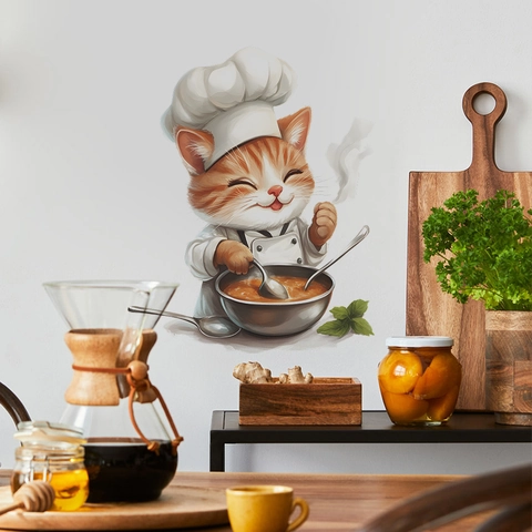 Cartoon Cat Chef Wall Sticker Cute Orange Cat Cooking Design PVC Self Adhesive Kitchen Decal Removable Home Decor For Dining Room