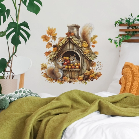 Cartoon Eichhörnchen Baumhaus Wandtattoo Herbst Ahornblatt PVC Dekorativer Aufkleber Für Schlafzimmer Wohnzimmer Kinder Deko