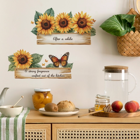 Sunflower Butterfly Wall Sticker With English Quotes PVC Floral Decals For Kitchen Living Room Bedroom Home Decoration