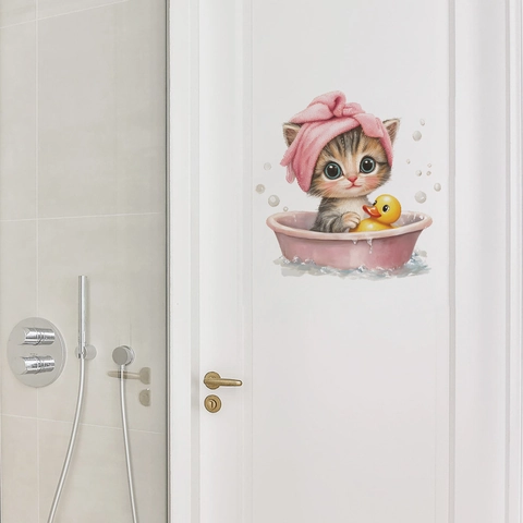 Cute Cartoon Cat Bathing In Bathtub Wall Sticker Pink Waterproof PVC Decor Decal For Bathroom Living Room Home Wall Art