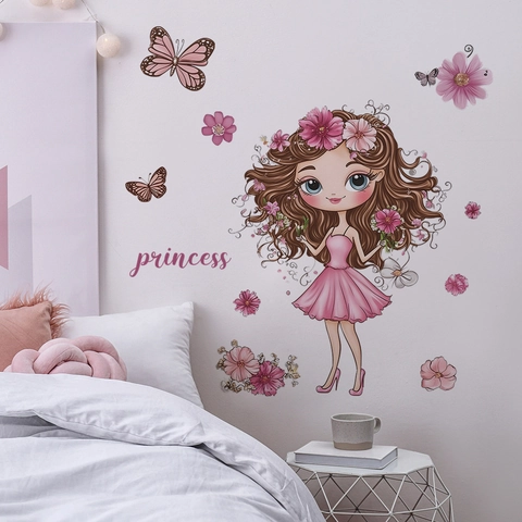 Pegatina de Pared de Princesa Niña de Dibujos Animados Mariposa Flor PVC Calcomanía Decorativa para Dormitorio de Niñas