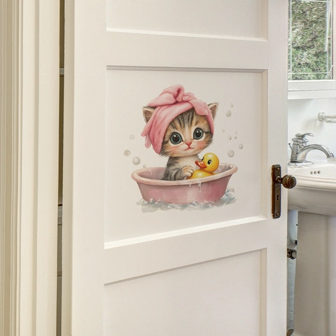 Cute Cartoon Cat Bathing In Bathtub Wall Sticker Pink Waterproof PVC Decor Decal For Bathroom Living Room Home Wall Art