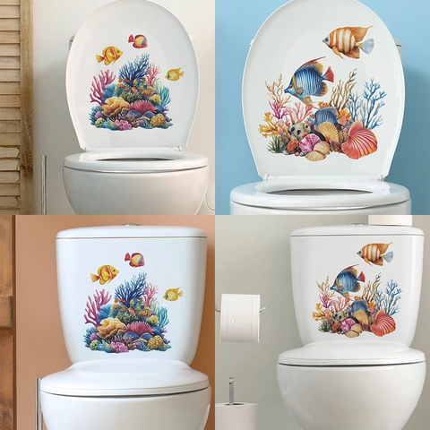 Adesivo per Coperchio WC Mondo Oceanico Sott'acqua Impermeabile PVC Corallo Pesce Conchiglia Decorazione Bagno Adesivo Murale Casa