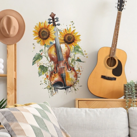 Watercolor Sunflower Violin PVC Wall Sticker Removable Artistic Floral Musical Instrument Decal For Living Room Home Decor