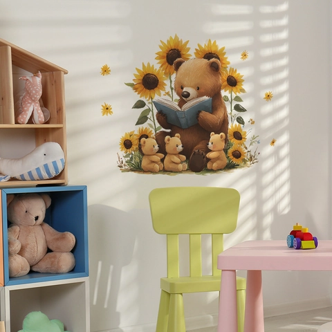 Cartoon Bear Reading Sunflower Wall Sticker For Kids Nursery Bedroom Home Decor PVC Removable DIY Art Decal Mural