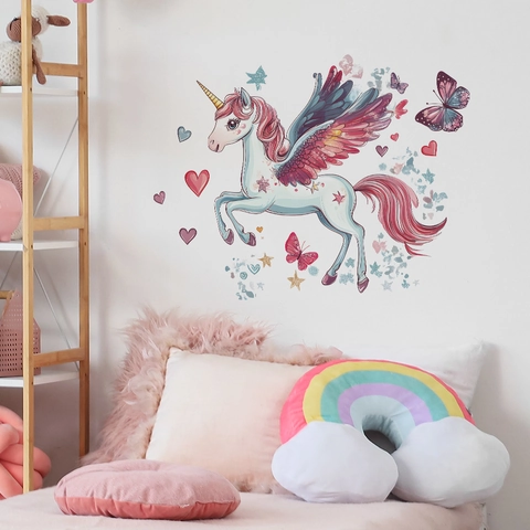 Adesivo da Parete Cartone Animato Unicorno Cuore Farfalla Impermeabile PVC Decorativo per Camera dei Bambini Casa Soggiorno