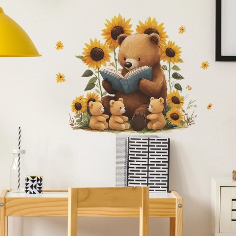 Cartoon Bear Reading Sunflower Wall Sticker For Kids Nursery Bedroom Home Decor PVC Removable DIY Art Decal Mural