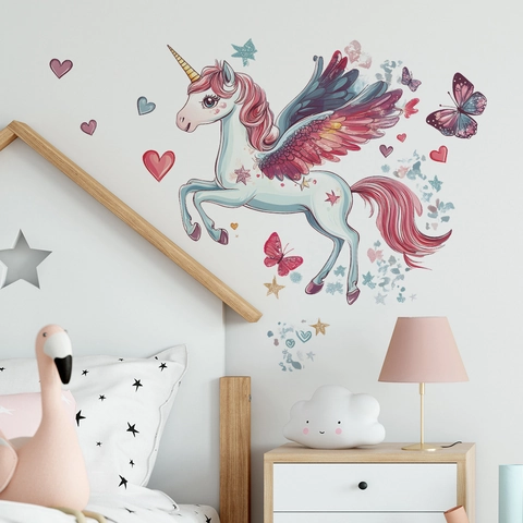 Adesivo da Parete Cartone Animato Unicorno Cuore Farfalla Impermeabile PVC Decorativo per Camera dei Bambini Casa Soggiorno