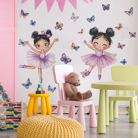 Cartoon Dancing Ballerina Girls And Colorful Butterflies Wall Stickers PVC Decorative Wall Decals For Kids Bedroom Home Decor