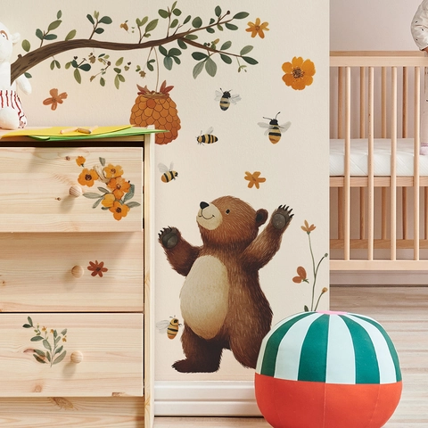 Cartoon Bruine Beer Honingbij Tak Bloemen PVC Muursticker Voor Kinderkamer Slaapkamer Huis Achtergrond Muur Decor
