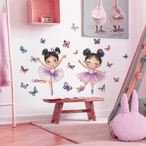 Cartoon Dancing Ballerina Girls And Colorful Butterflies Wall Stickers PVC Decorative Wall Decals For Kids Bedroom Home Decor