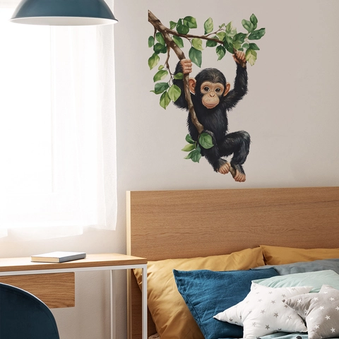 Watercolor Chimpanzee Tree Branch Wall Sticker PVC Removable Green Leaves Decal For Kids Room Nursery Home Decor