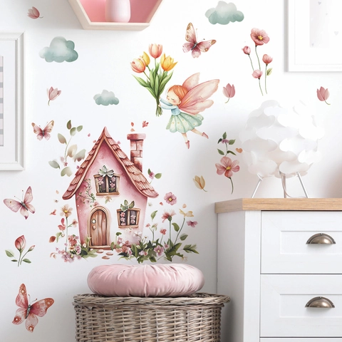 Watercolor Cartoon Fairy Pink House Flower Wall Stickers For Kids Room Bedroom PVC Removable Decorative Wall Decals