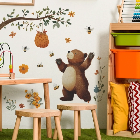 Cartoon Bruine Beer Honingbij Tak Bloemen PVC Muursticker Voor Kinderkamer Slaapkamer Huis Achtergrond Muur Decor
