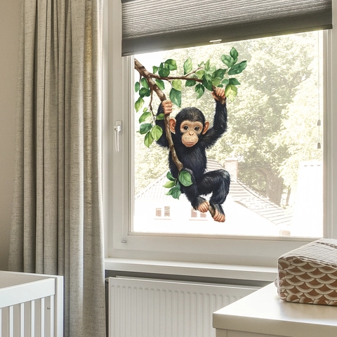 Watercolor Chimpanzee Tree Branch Wall Sticker PVC Removable Green Leaves Decal For Kids Room Nursery Home Decor