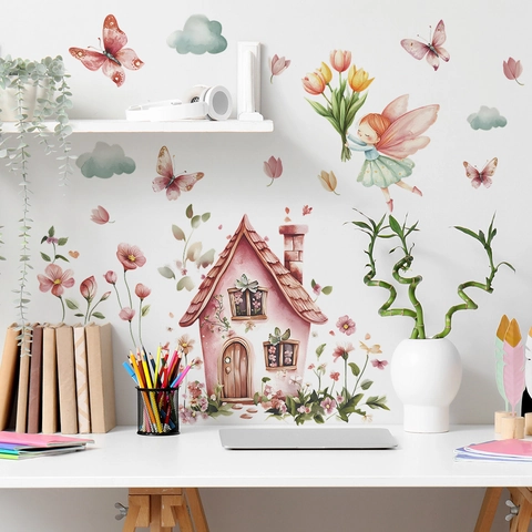 Watercolor Cartoon Fairy Pink House Flower Wall Stickers For Kids Room Bedroom PVC Removable Decorative Wall Decals