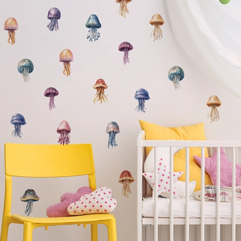 Aquarell Bunte Qualle Wandaufkleber Abnehmbare PVC Ozean Tier Wandtattoos Für Kinderzimmer Wohnzimmer Badezimmer Home Decor