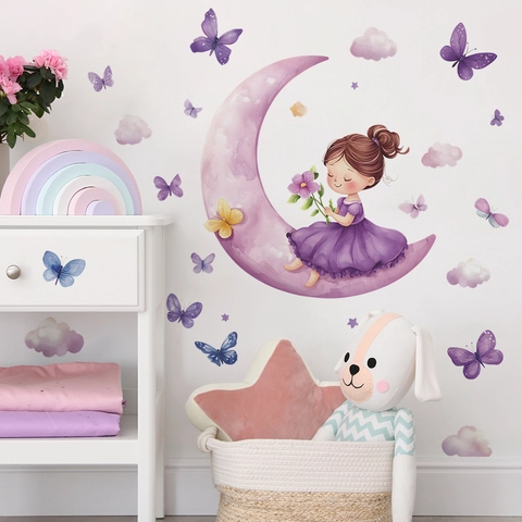 Adesivo Murale Ragazza sulla Luna Cartone Animato con Farfalla Stella Nuvola Stile Acquerello PVC Removibile DIY Decalcomania per Cameretta Bambini Casa Decor