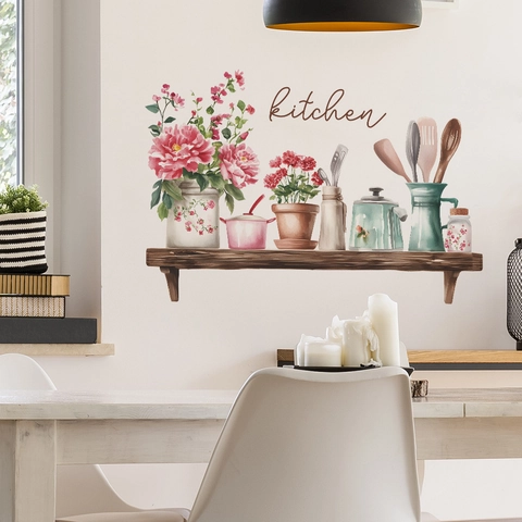 Watercolor Kitchen Wall Stickers Floral Peony Kitchenware Pattern PVC Removable Decal For Dining Room Home Wall Decoration