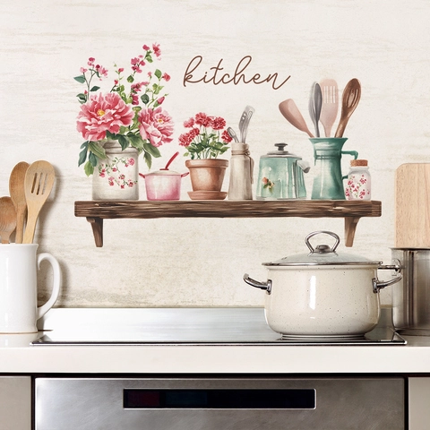 Watercolor Kitchen Wall Stickers Floral Peony Kitchenware Pattern PVC Removable Decal For Dining Room Home Wall Decoration
