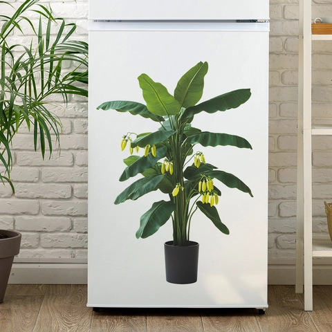 Adhesivo de Pared Simulación Platanero Tropical en Maceta PVC Hojas Verdes Flores Amarillas Mural Decorativo Removible Hogar