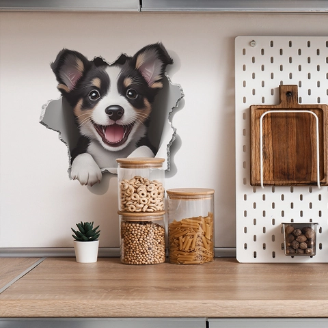3D Broken Wall Puppy PVC Wall Sticker Creative Dog Waterproof Removable Decal For Living Room Bedroom Kitchen Home Decor