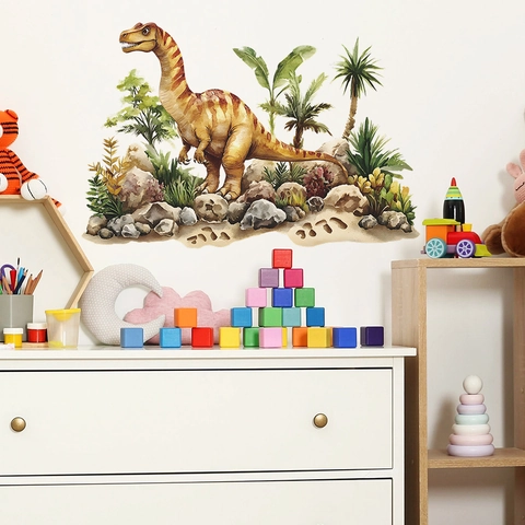 Aquarell Dinosaurier Wandtattoo Tropische Pflanze Palme Abnehmbare PVC Aufkleber Für Kinderzimmer Schlafzimmer Heimdekor