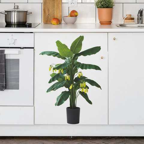 Adhesivo de Pared Simulación Platanero Tropical en Maceta PVC Hojas Verdes Flores Amarillas Mural Decorativo Removible Hogar