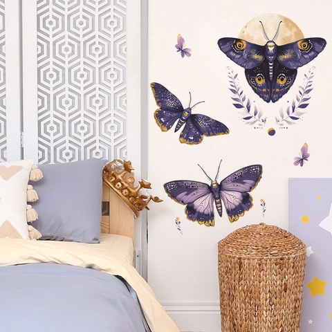 Bohemian Lila Motte Schmetterling Wandaufkleber Mit Mond Blätter Muster PVC Dekorative Wandtattoo Für Schlafzimmer Wohnzimmer