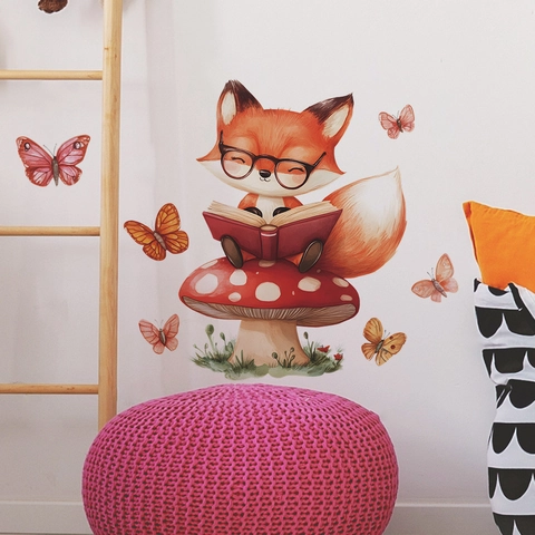 Cartoon Watercolor Fox Reading On Mushroom Wall Sticker Cute Animal Butterfly Decorative PVC Decal For Kids Room Nursery Bedroom
