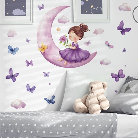 Adesivo Murale Ragazza sulla Luna Cartone Animato con Farfalla Stella Nuvola Stile Acquerello PVC Removibile DIY Decalcomania per Cameretta Bambini Casa Decor