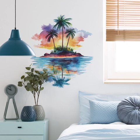 Pegatinas de Pared Acuarela Isla Tropical Atardecer Palmera PVC Impermeable Removible Decoración Hogar para Dormitorio Sala de Estar Baño
